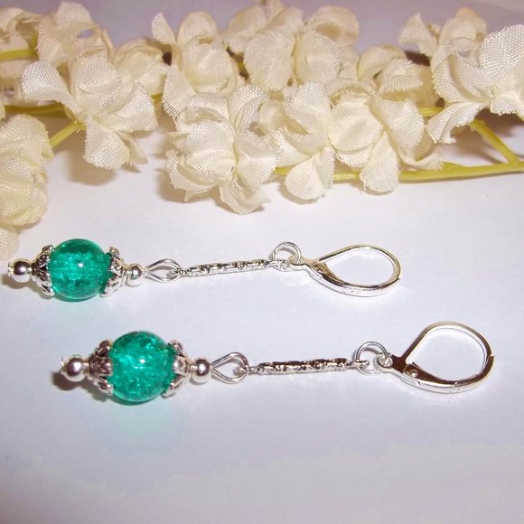 Teal Green Earrings Long Set Handmade NWT 5195 - Picture 4 of 8
